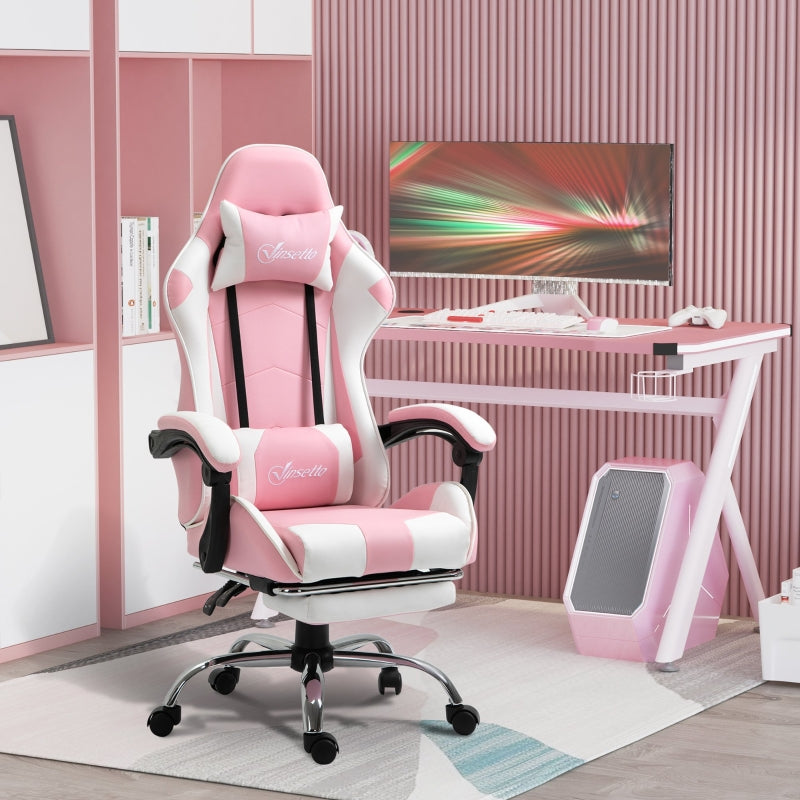 Vinsetto Racing Gaming Chair with Lumbar Support, Head Pillow, Swivel Wheels, High Back Recliner Gamer Desk Chair for Home Office, Pink