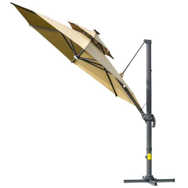 Outsunny 3m Cantilever Parasol w/ Solar Lights Power Bank Cross Base Adjustable Canopy 360° Spin Outdoor Garden Umbrella 2-Tier Roof Sun Shade Khaki