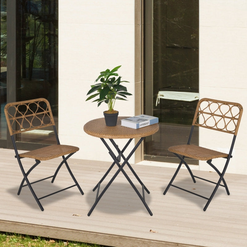 Outsunny 3 pcs PE Rattan Wicker Bistro Set Conversation Patio Furniture Set w/ Foldable Coffee Table and Chairs and Steel Frame, Natural