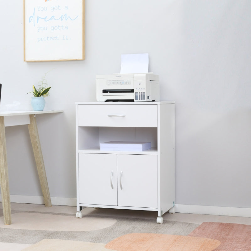 Vinsetto Printer Stand Mobile Printer Cabinet with Storage, Open Shelf, Drawer for Home, Office, White