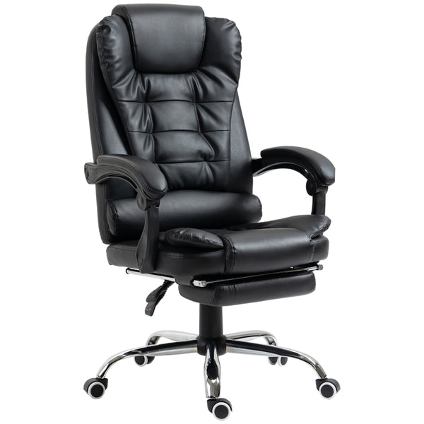 HOMCOM Executive Office Chair, All-round Adjustable PU Leather Home Office Chair with Swivel Wheels, Reclining Backrest, Retractable Footrest, Black