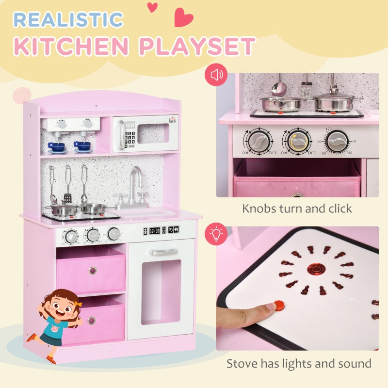 HOMCOM Wooden Play Kitchen with Lights and Sound, Kids Kitchen Playset with Coffee Maker Microwave Sink Utensils Storage Bins, Pretend Role Play Pink