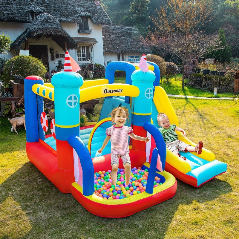 Outsunny 4 in 1 Kids Bounce Castle Large Sailboat Style Inflatable House Slide Trampoline Water Pool Climbing Wall for Kids Age 3-8, 2.65 x 2.6 x 2m