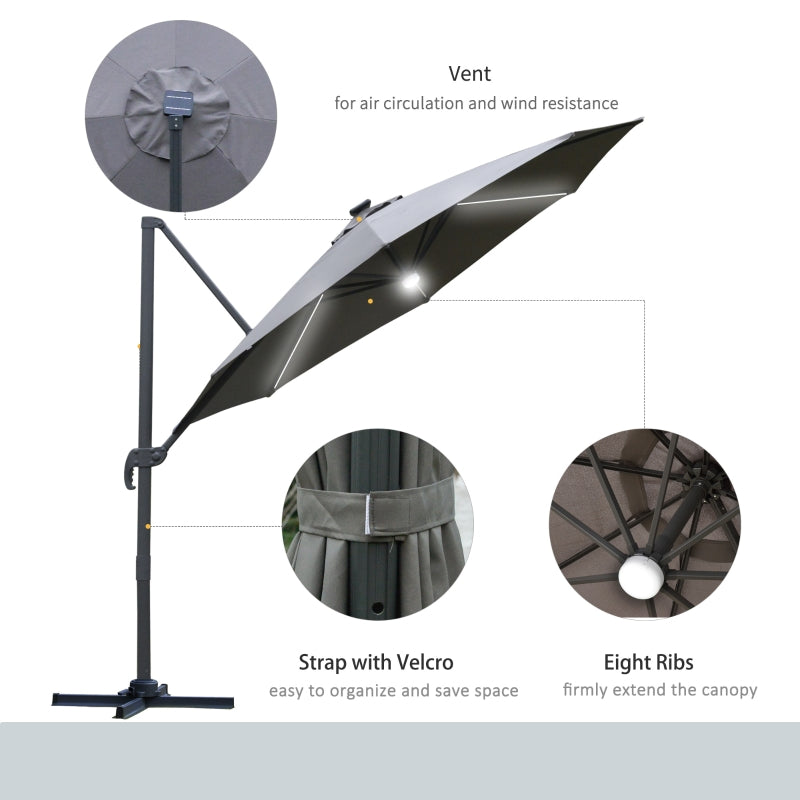 Outsunny 3(m) Cantilever Roma Parasol Garden Sun Umbrella Outdoor Patio with LED Solar Light Cross Base 360° Rotating, Grey