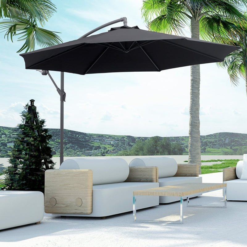 Outsunny 3(m) Garden Cantilever Parasol Patio Banana Hanging Umbrella Sun Shade with Crank & Tilt, 8 Ribs and Cross Base, Black