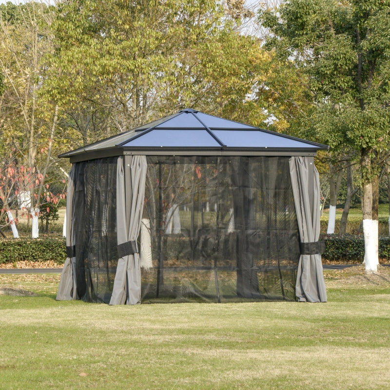 Outsunny 3 x 3(m) Hardtop Gazebo with UV Resistant Polycarbonate Roof & Aluminium Frame, Garden Pavilion with Mosquito Netting and Curtains