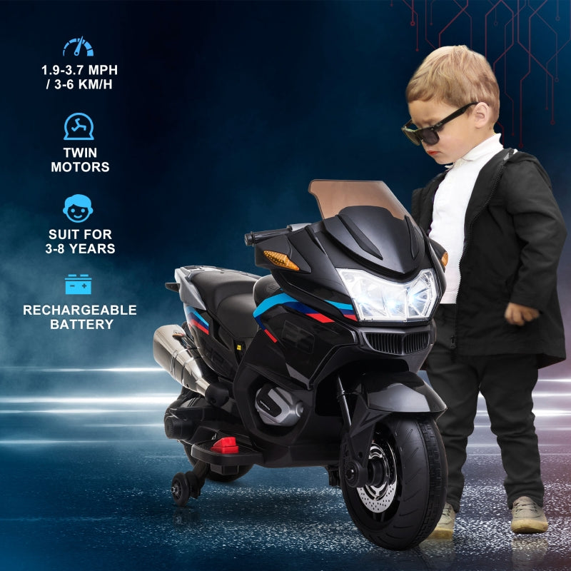 HOMCOM Kids Electric Motorbike, with Training Wheels, Lights, Music, for Ages 3-8 Years - Black