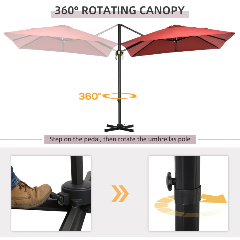 Outsunny 2.5x2.5m Patio Offset Parasol Umbrella Cantilever Hanging Aluminium Sun Shade Canopy Shelter 360°Rotation w/Crank Handle Cross Base Wine Red