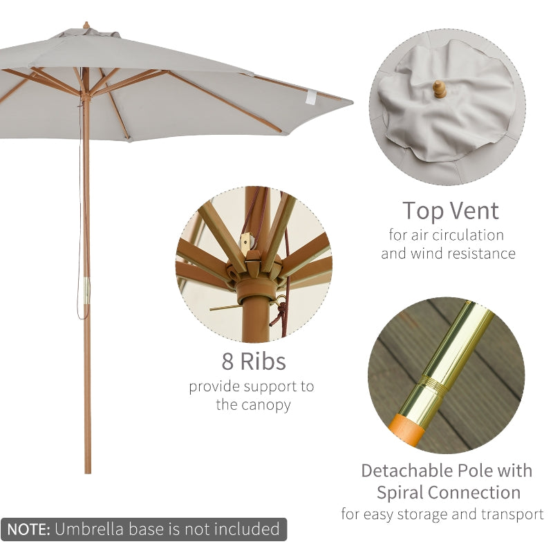 Outsunny 3m Fir Wooden Garden Parasol Bamboo Sun Shade Patio Outdoor Umbrella Canopy, Grey