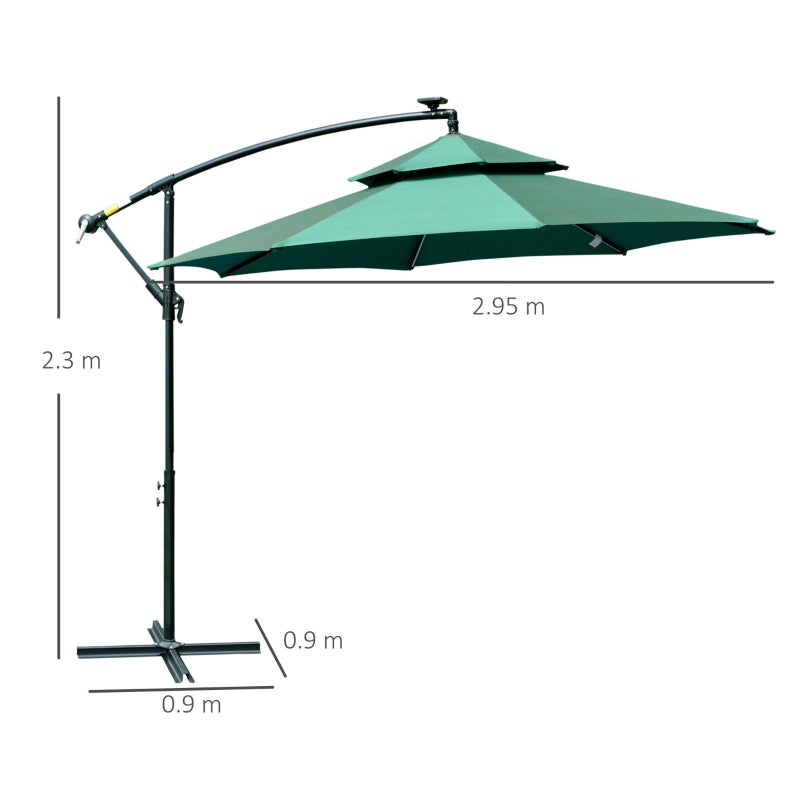 Outsunny 3(m) Cantilever Parasol Banana Hanging Umbrella with Double Roof, LED Solar lights, Crank, 8 Sturdy Ribs and Cross Base Green