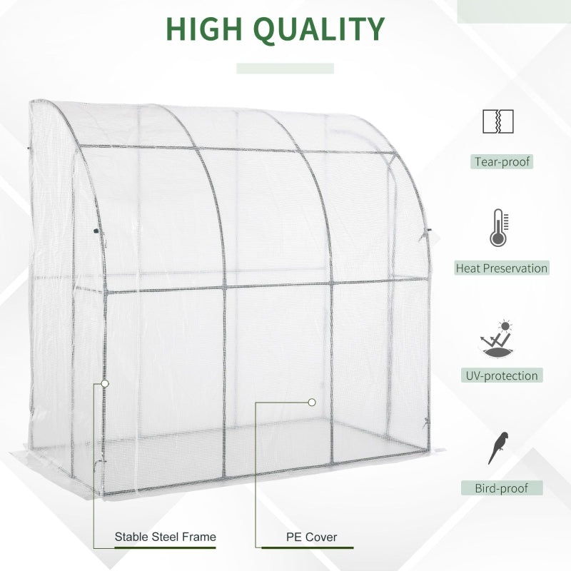 Outsunny Outdoor Walk-In Lean to Wall Greenhouse with Zippered Roll Up Door and PE Cover, 214L x 118W x 212Hcm, White