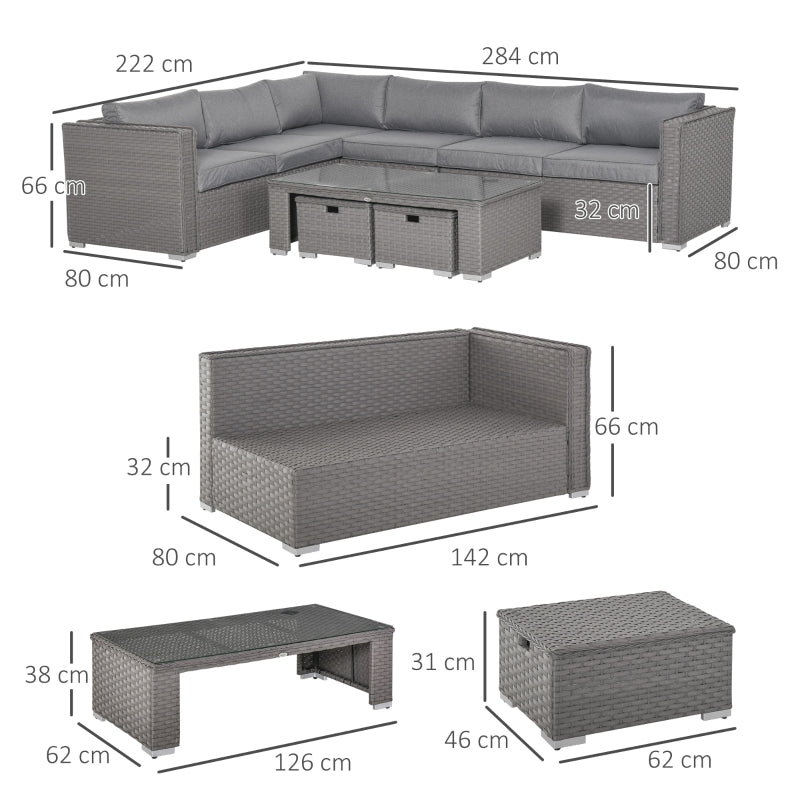 Outsunny 8-Seater PE Rattan Garden Corner Sofa Set Outdoor Wicker Conservatory Furniture Coffee Table Footstool, Grey