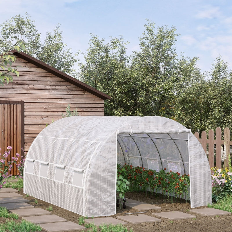 Outsunny 4 x 3 x 2 m Polytunnel Greenhouse with Steel Frame, Reinforced Cover, Zippered Door and 8 Windows for Garden and Backyard, White