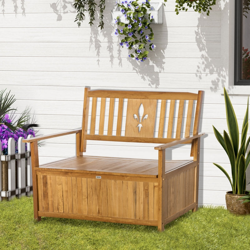 Outsunny 2 Seater Wood Garden Storage Bench, Outdoor Storage Box, Patio Seating Furniture, 125 x 68.5 x 97cm, Natural