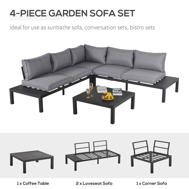 Outsunny 4 Pieces L-shape Garden Sofa Set with Padded Cushions Sofa Side Table Outdoor Furniture w/ Coffee Table for Patio Backyard Grey