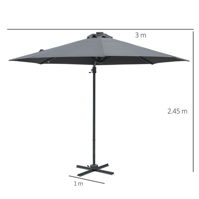 Outsunny 3(m) Square Outdoor Umbrella Patio Sun Umbrella with Crank & Tilt LED Solar Light Cross Base 360° Rotating Outdoor, Dark Grey