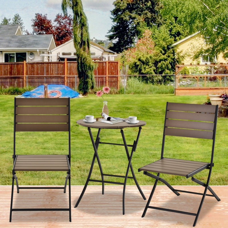 Outsunny 3 Pcs Folding Bistro Dining Set 2 Single Chair 1 Dining Table Metal Frame Plastic Panel Slatted Compact Garden Outdoor Apartment Black&Brown