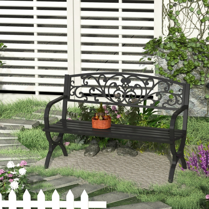 Outsunny 2 Seater Metal Garden Bench Garden Park Porch Chair Outdoor Patio Loveseat Seat Black