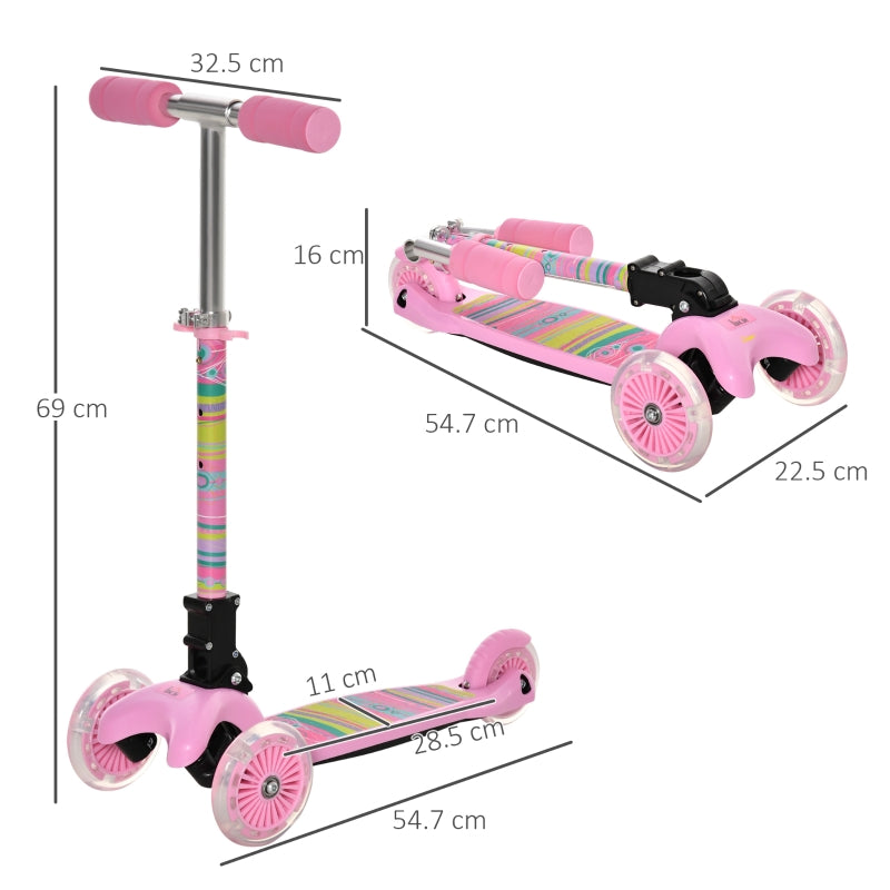 HOMCOM Scooter for Kids Toddler Foldable Kick Scooter with 3 Wheel Adjustable Height Flashing Wheels for Boys and Girls 3-8 Years Pink