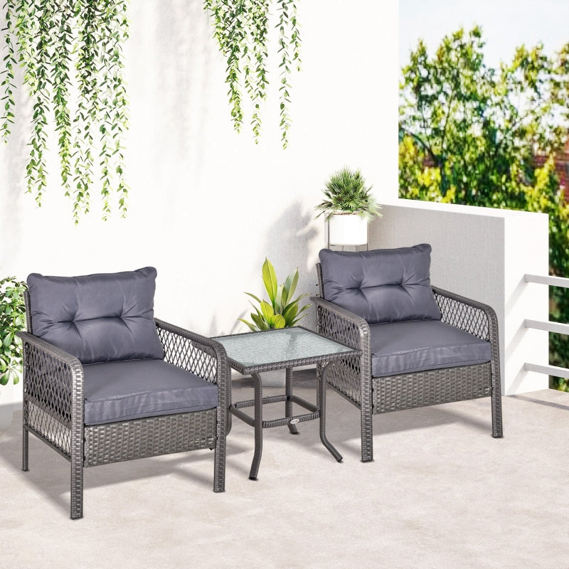 Outsunny 2 Seater Patio PE Rattan Bistro Set, Outdoor Wicker Coffee Table Armrest Chairs Conversation Furniture w/ Cushion, Grey