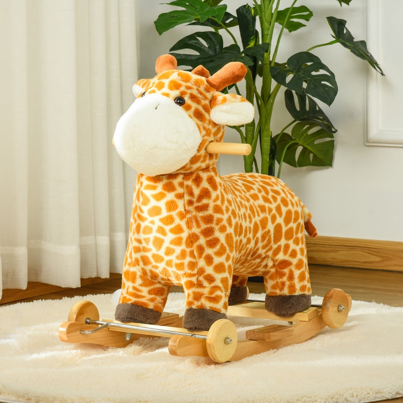 HOMCOM 2-IN-1 Kids Plush Ride-On Rocking Gliding Horse Giraffe-shaped Plush Toy Rocker with Realistic Sounds for Child 36-72 Months Yellow