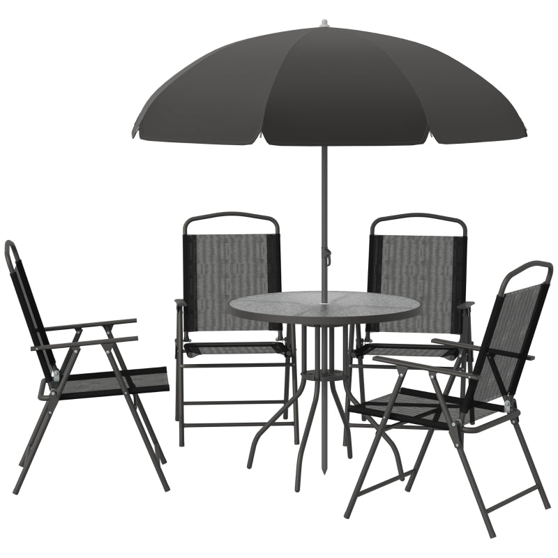 Outsunny 6 PCs Garden Patio Furniture Set Bistro Set Texteline Folding Chairs +Table +Parasol (Black)