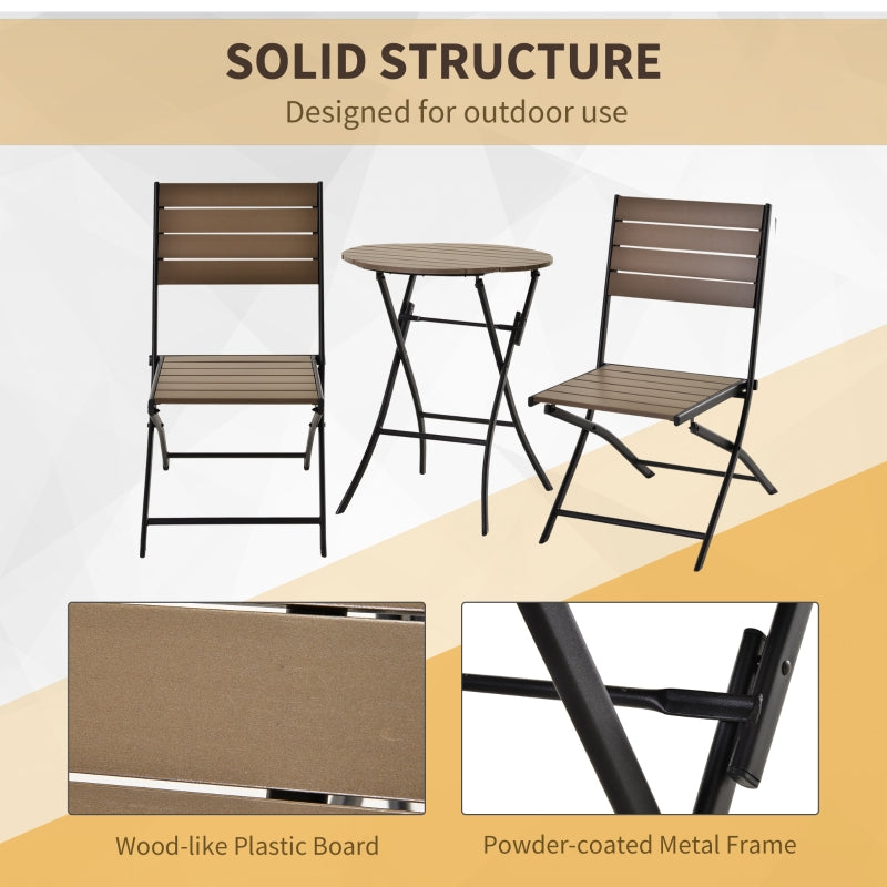 Outsunny 3 Pcs Folding Bistro Dining Set 2 Single Chair 1 Dining Table Metal Frame Plastic Panel Slatted Compact Garden Outdoor Apartment Black&Brown