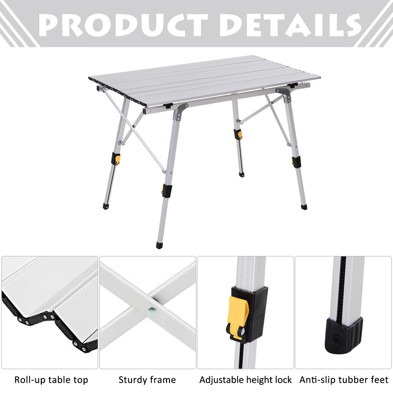 Outsunny 3FT Folding Aluminium Picnic Table Portable Camping BBQ Table Roll Up Top with Carrying Bag Silver