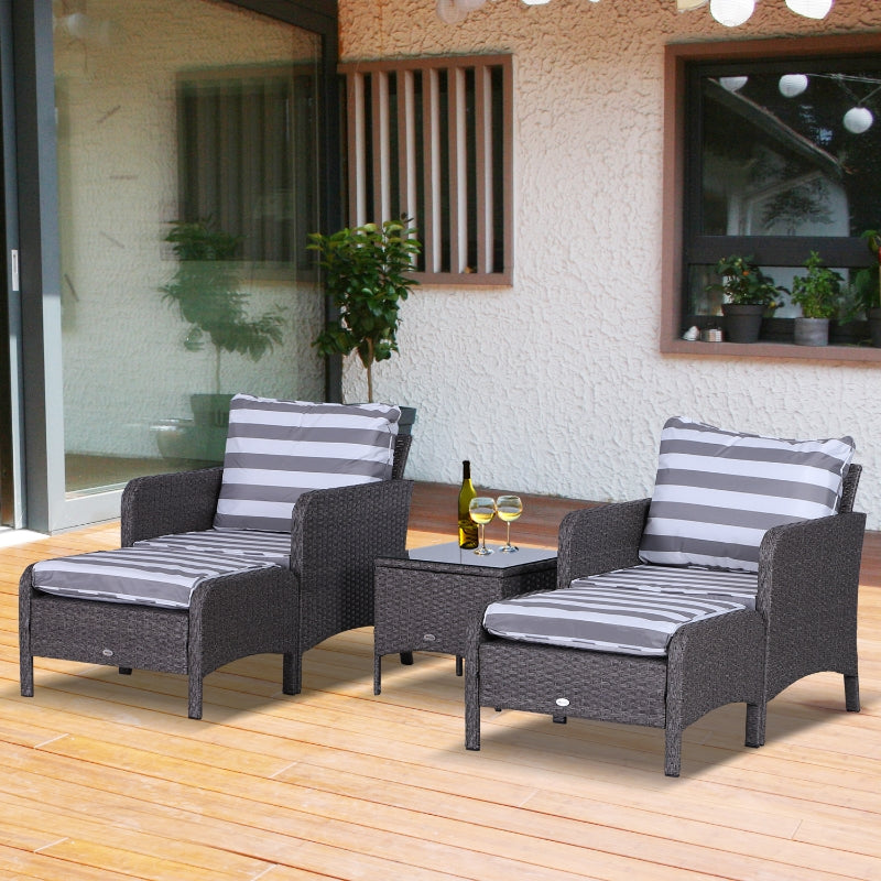 Outsunny 2 Seater PE Rattan Garden Furniture Set, 2 Armchairs 2 Stools Glass Top Table Cushions Wicker Weave Chairs Outdoor Seating