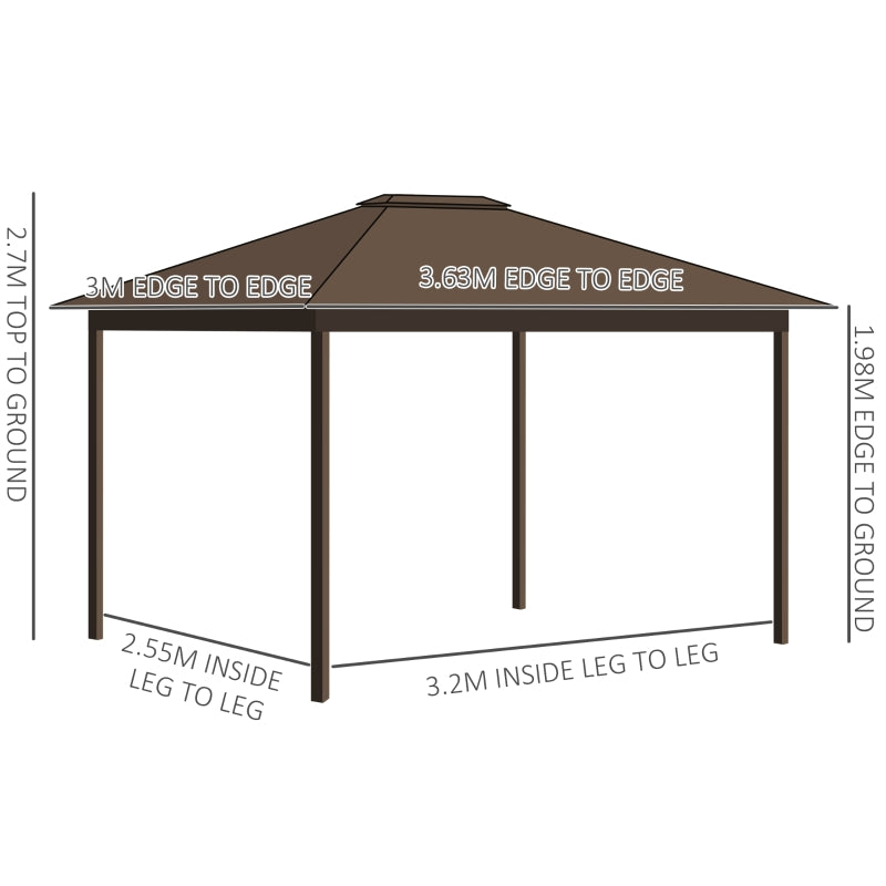 Outsunny 3.6 x 3(m) Outdoor Hardtop Gazebo Metal Roof Patio Gazebo with Aluminum Frame, Mesh Nettings, Curtains, & Roomy Interior Space, Brown