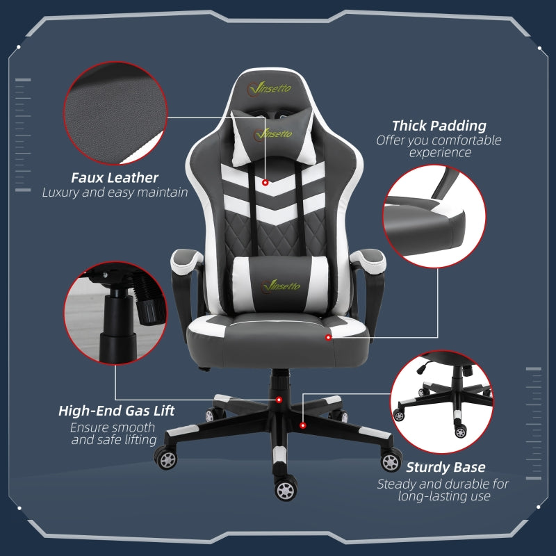 Vinsetto Racing Gaming Chair with Lumbar Support, Headrest, Swivel Wheel, PVC Leather Gamer Desk Chair for Home Office, Grey White