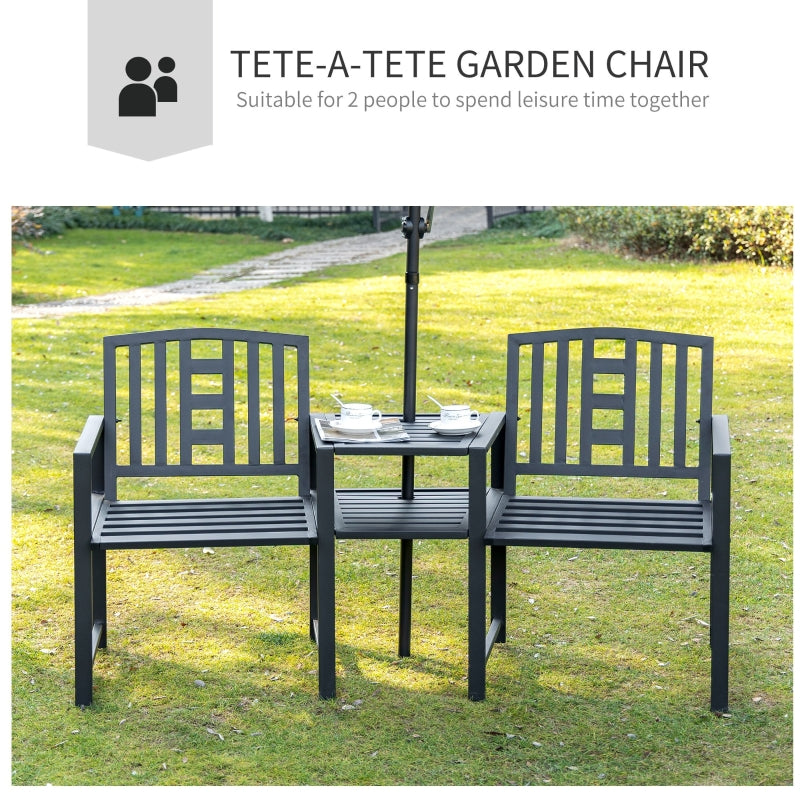 Outsunny Patio Tete-a-tete Chair 2 Seat Bench Middle Coffee Table w/ Umbrella Hole for Outdoors Decorative Slatted Design Steel Frame Black