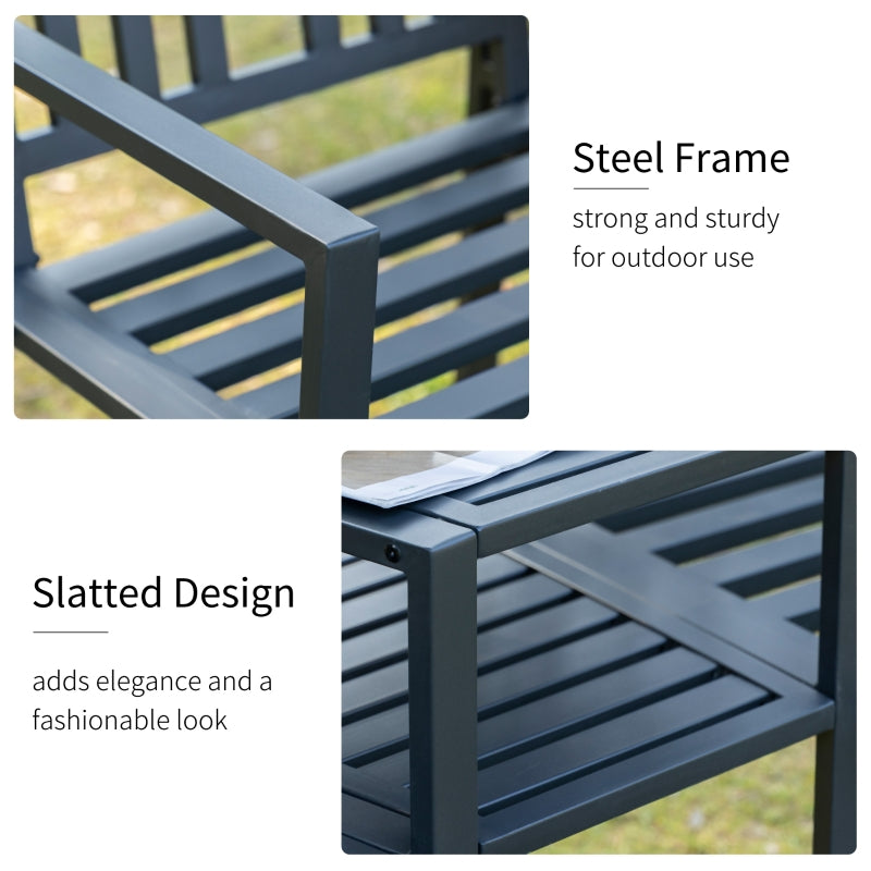 Outsunny Patio Tete-a-tete Chair 2 Seat Bench Middle Coffee Table w/ Umbrella Hole for Outdoors Decorative Slatted Design Steel Frame Black