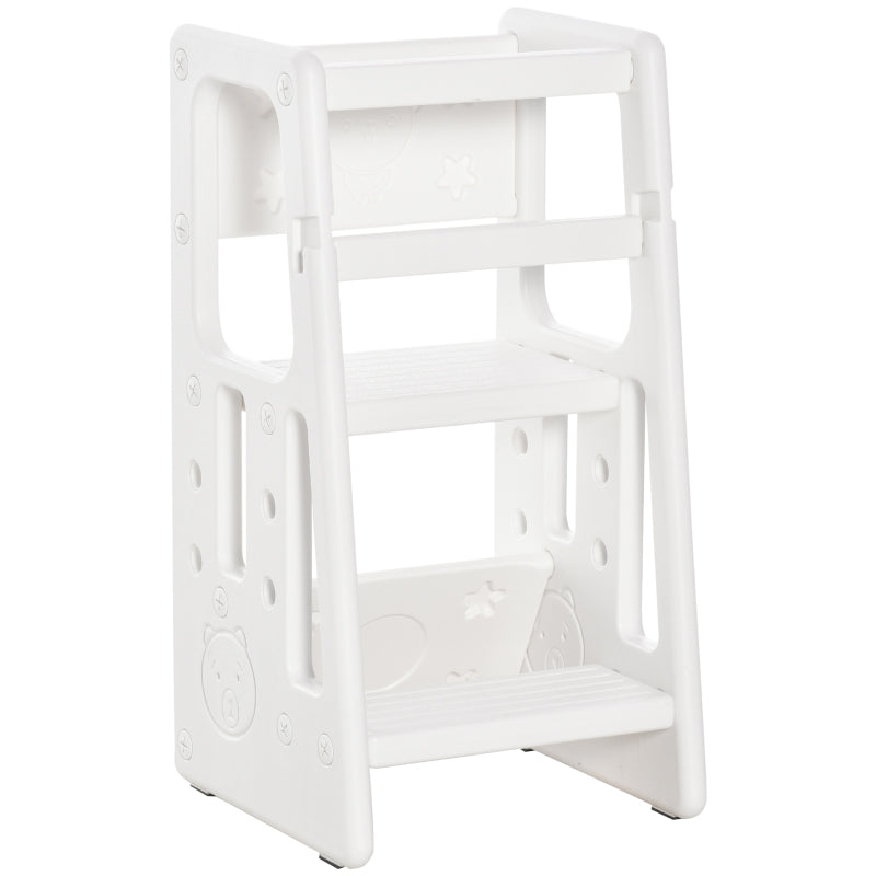 HOMCOM Kids Step Stool Adjustable Standing Platform Toddler Kitchen Stool -Standing Tower for Kids Kitchen Learning w/ Three Adjustable Heights, White