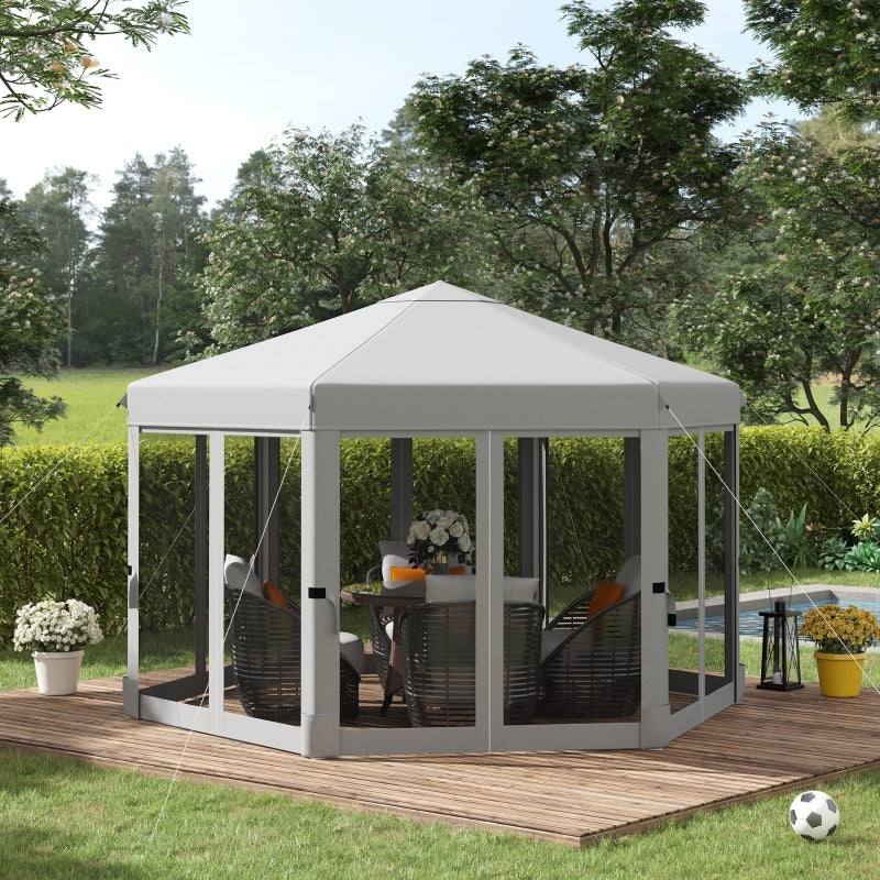 Outsunny 3.2m Pop Up Gazebo Hexagonal Canopy Tent Outdoor Sun Protection with Mesh Sidewalls, Handy Bag, Light Grey