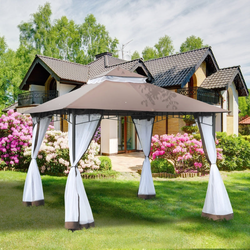 Outsunny 3 x 3 m Garden Metal Gazebo Square Outdoor Party Wedding Canopy Shelter w/Mesh, Brown