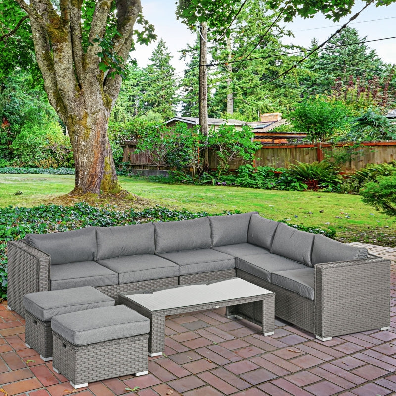 Outsunny 8-Seater PE Rattan Garden Corner Sofa Set Outdoor Wicker Conservatory Furniture Coffee Table Footstool, Grey