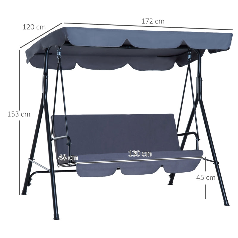 Outsunny 3 Seater Canopy Swing Chair Garden Rocking Bench Heavy Duty Patio Metal Seat w/ Top Roof - Grey