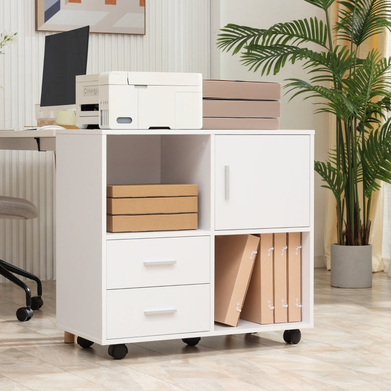 Vinsetto Printer Stand with Wheels, Mobile Printer Table with Open Shelves, Drawers and Enclosed Compartment for Home Office, White