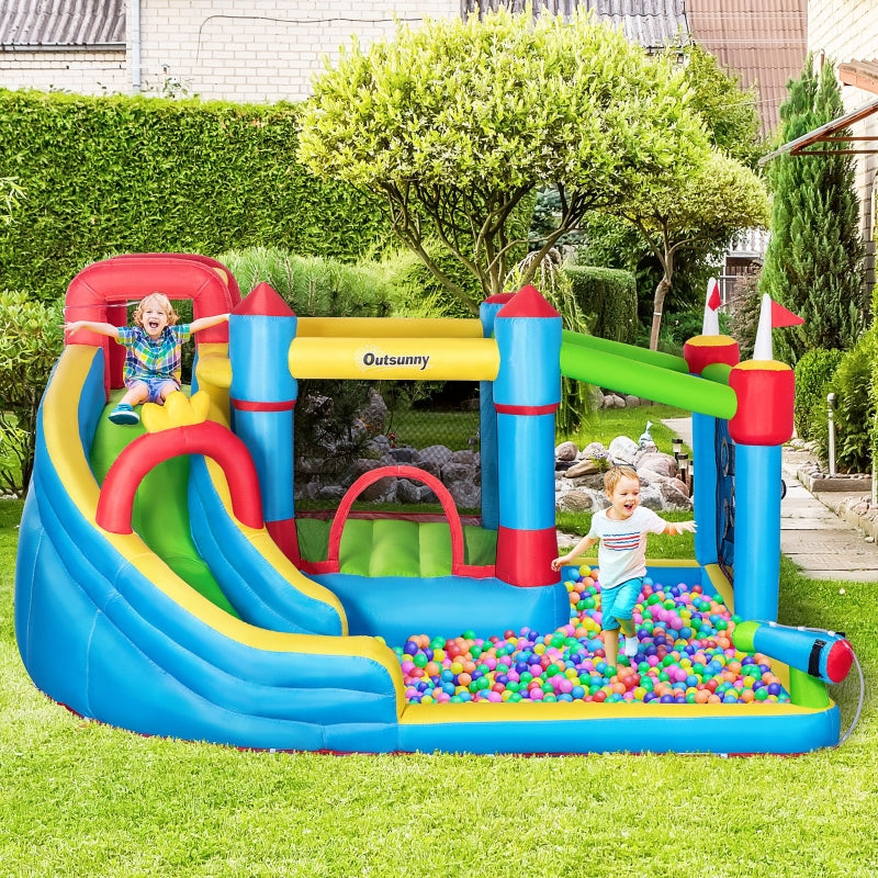 Outsunny 5 in 1 Kids Bounce Castle Large Castle Style Inflatable House Slide Trampoline Pool Water Gun Climbing Wall for Kids Age 3-8