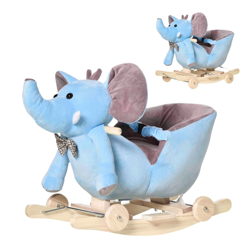 HOMCOM 2 In 1 Plush Baby Ride on Rocking Horse Elephant Rocker with Wheels Wooden Toy for Kids 32 Songs (Blue)