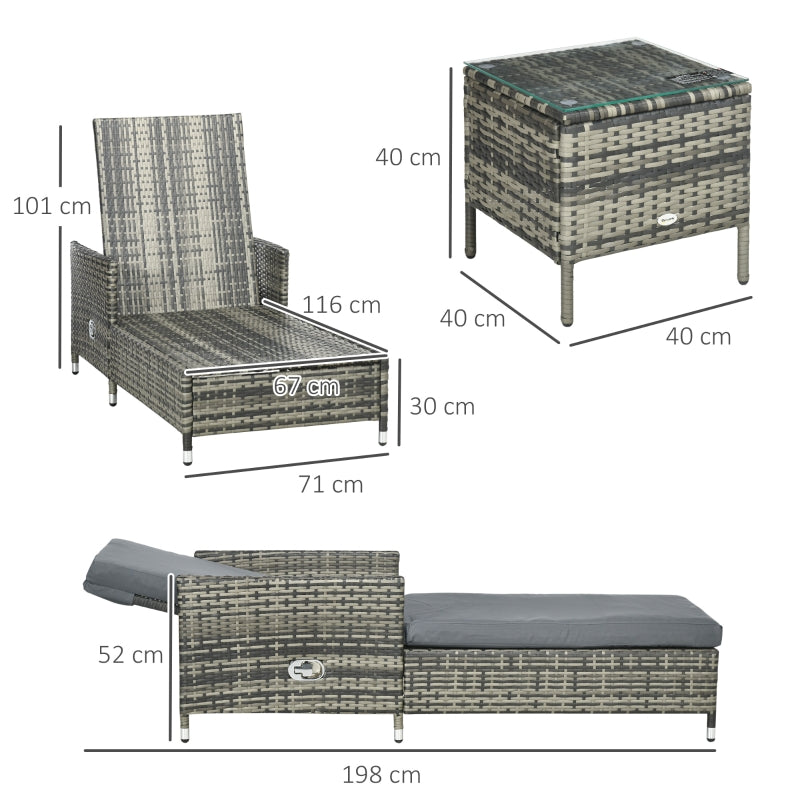 Outsunny 3-Pieces Rattan Sun Lounger, Patio Chaise Lounge Chair Set with Adjustable Backrest, Soft Cushions, Glass Top Table, Grey