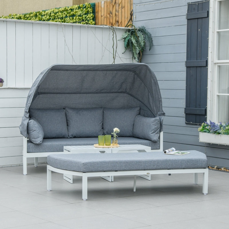 Outsunny 4 Pieces Outdoor Garden Sofa Set, Aluminum Patio Lounge Bed Furniture Set, with Canopy, Padded Cushions & Side Tables, White