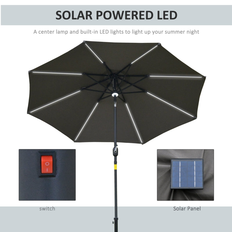 Outsunny 2.7m Garden Parasol Sun Umbrella Patio Summer Shelter w/ LED Solar Light, Angled Canopy Vent, Crank Tilt, Grey