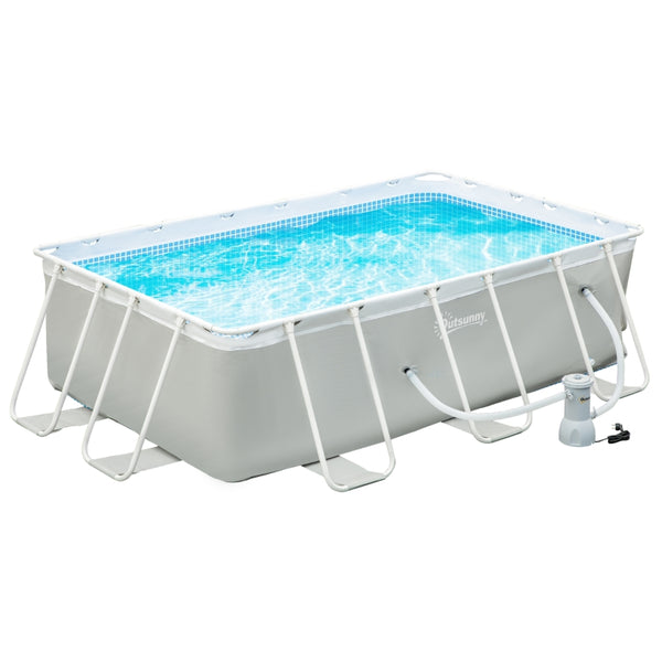 Outsunny Steel Frame Pool with Filter Pump, Outdoor Rectangular Frame Above Ground Swimming Pool, 340 x 215 x 80 cm, Light Grey