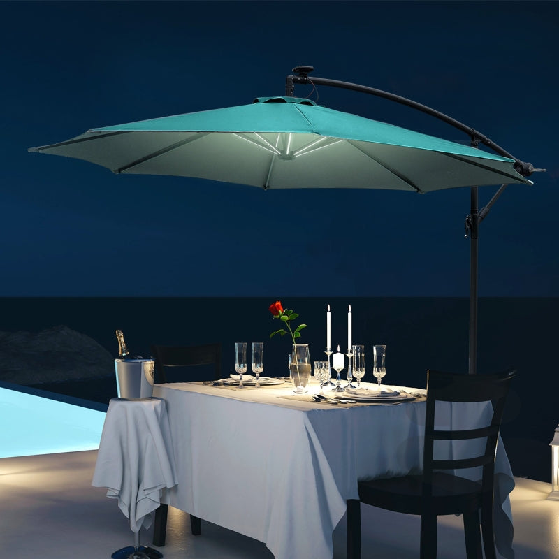 Outsunny 3m LED Cantilever Patio Banana Parasol w/ Crank Cross Base Hanging Offset Umbrella Frame Steel Aluminium Garden Table Outdoor Green