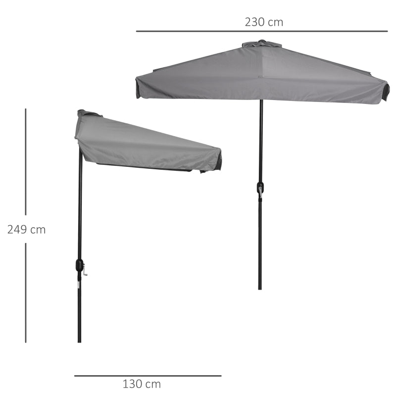 Outsunny 2.3m Half Parasol Semi Round Umbrella Patio Metal Frame Crank Handle for Balcony-- NO BASE INCLUDED, Grey