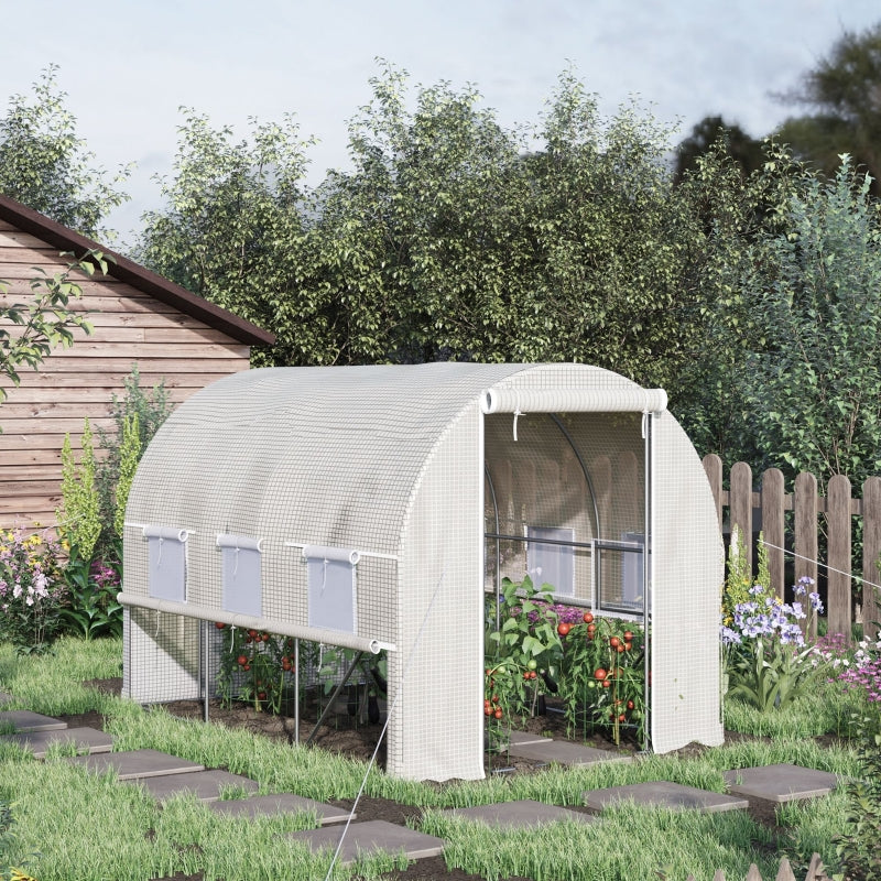 Outsunny 3 x 2 x 2m Walk-in Tunnel Greenhouse, Polytunnel Tent with PE Cover, Zippered Roll Up Door and 6 Mesh Windows, White