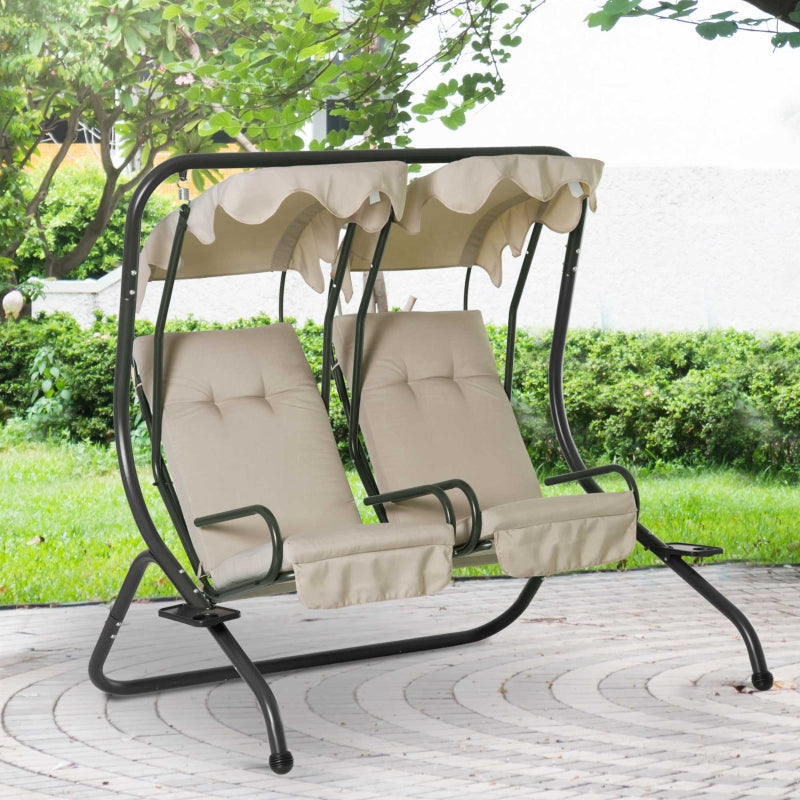 Outsunny 2-Seater Swing Chair Modern Relax Chair w/ 2 Separate Chairs, Cushions and Removable Shade Canopy, Beige