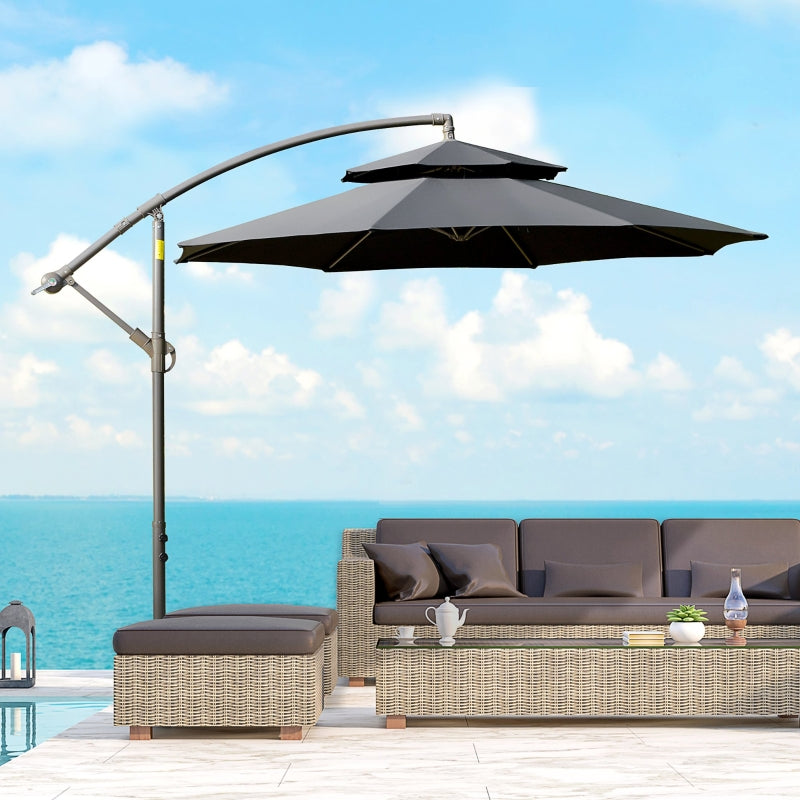 Outsunny 2.7m Banana Parasol Cantilever Umbrella with Crank Handle , Double Tier Canopy and Cross Base for Outdoor, Hanging Sun Shade, Black